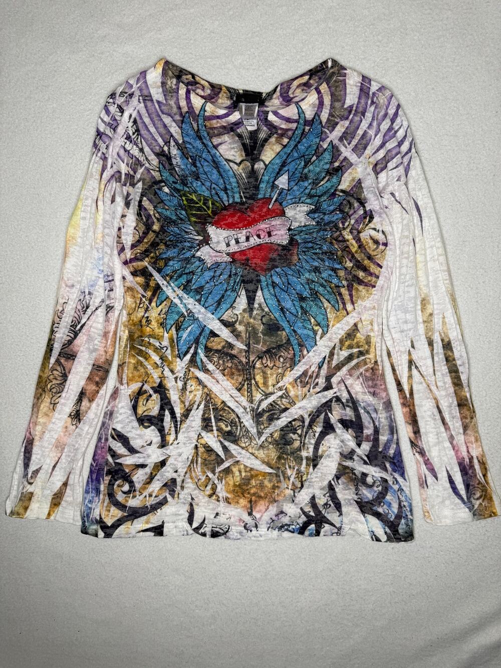 Katydid Y2K Tattoo Heart Wings Rhinestone Burnout Long Sleeve Top XL